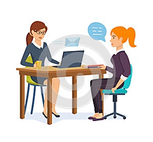 Woman interviews an employer with potential employee, communicates, exchanges information.