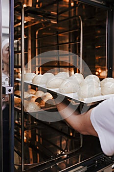 Woman introducing bread baking in oven. Production oven at the bakery. Baking bread. Manufacture of bread