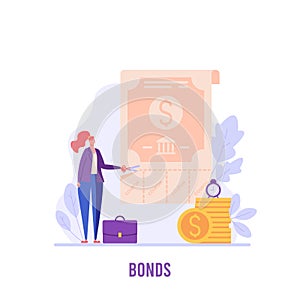 Woman invests in bonds, receive coupons. Concept of return on investment, financial solutions, passive income, government bonds.