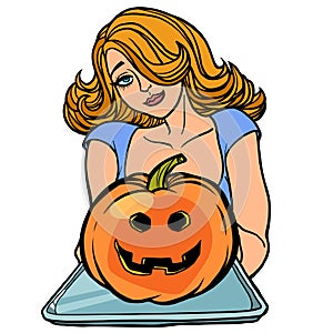 Woman invites on Halloween, holds a tray pumpkin Jack