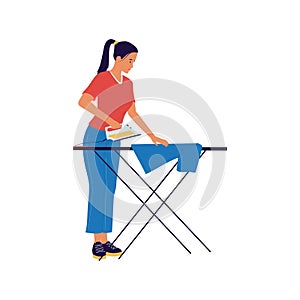 Woman ironing clothes. Female character doing household chores. Isolated standing maid with electrical iron and board