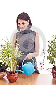 Woman irrigate plants