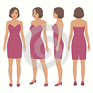 Woman isolated in dress, front, back and side view