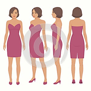 Woman isolated in dress, front, back and side view photo
