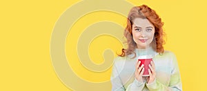 Woman isolated face portrait, banner with copy space. More coffee. take away beverage. cheerful girl drinking tea. woman