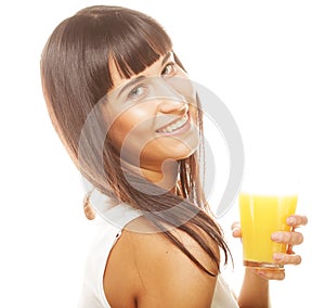 Woman isolated shot drinking orange juice