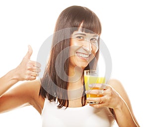 Woman isolated shot drinking orange juice