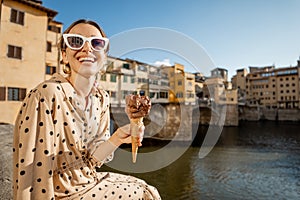 Woman with italian ice cream in Florence, Italy