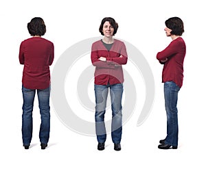 Woman with jeans and arms crossed, front,sideways and back on white background