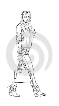 woman in jeans walking, street fashion, sketch, continuos line
