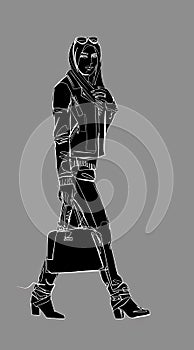 woman in jeans walking, street fashion, sketch, white continuos line, black silhouette