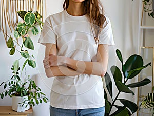 A woman in jeans and a white t - shirt standing in a room