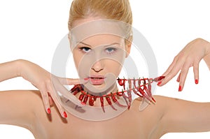 woman with jewelry of hot pepper