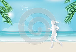 Woman jogging on the beach in the morning Paper art background