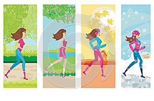 Woman jogging, four seasons