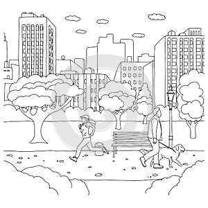 Woman jogging and man walk with dog in the park vector illustration sketch doodle hand drawn with black lines