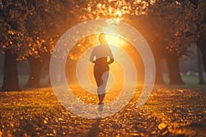 Woman is jogging in the park, Blurred sunrise background, Exercise, Health care, healthiness concept