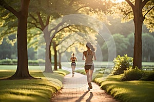 The woman jogging in a serene park winding path surrounded by lush greenery. The early morning or late afternoon sunlight