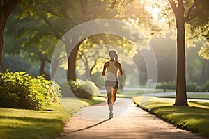 A woman jogging in a serene park winding path surrounded by lush greenery. The early morning or late afternoon sunlight