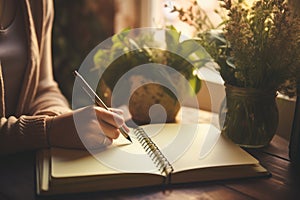 Woman journaling in her personal journal. Writing in the notebook in the room with plants, calm morning routine, therapy