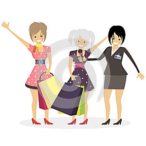 A woman journalist is interviewing girls shopaholics. Character vector flat illustration people.