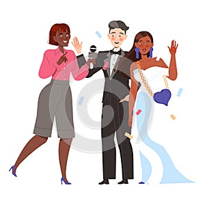 Woman Journalist Taking Interview with Happy Couple Celebrity Waving Hand at Luxurious Event Vector Illustration