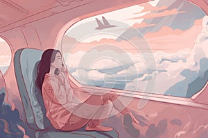 woman journey passenger flight window trip character plane transportation airliner seat. Generative AI.