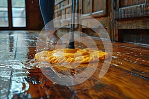 A woman joyfully cleans a wooden floor with a vibrant yellow mop, creating a gleaming, spotless surface photo