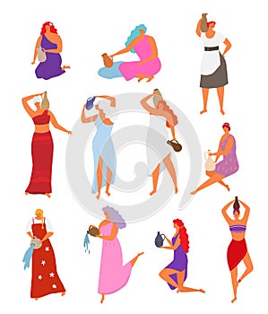 Woman with jug vector beautiful girl with long hair pouring water from jugful. Illustration set of female characters