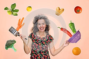 A woman juggling with fruits and vegetables Eat healthy