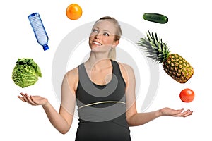 Woman Juggling Fruits Vegetables and Water
