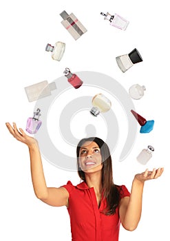 Woman juggling perfumes collage