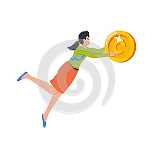 Woman Jump For Easy Money, Female Character Holding Huge Golden Coin, Strive For Finances And Achieve Success