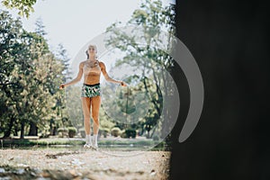 Woman jump rope and exercise outdoors, enjoying a sunny day. She stay active, motivated, and persistent, maintaining a