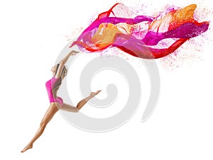 Woman Jump Sport, Girl Dancer, Gymnast Fly Pink Cloth