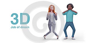 Woman jumping and enjoying success at work. 3d realistic model of male employee happy to be hired