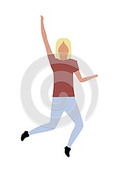 Woman jumping with hand up semi flat color vector character