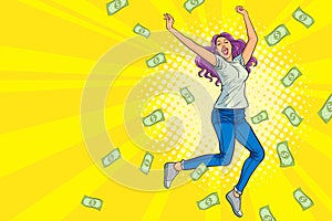 Woman jumping happy surprised with Falling Down Money