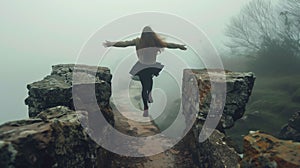 A woman is jumping between a massive rock formation, enjoying the view around her. She appears relaxed and contemplative