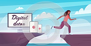 Woman jumping over cliff abyss running away from gadgets digital detox concept