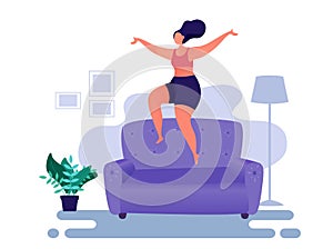 Woman jumping on sofa. Stay home entertainment. Funny life moment. Sturdy furniture