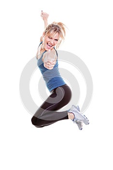Woman jumping thumb up