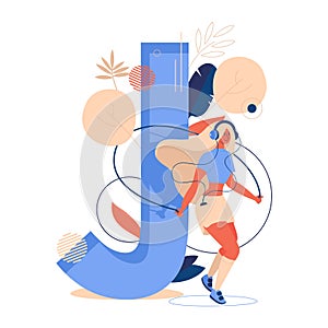 Woman jumps with jumping rope in front of large letter J decorated with leaves and geometric shapes. Sport concept illustration