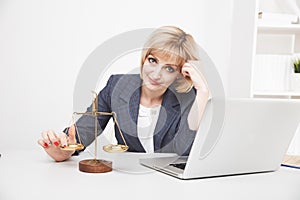 Woman jurist working laptop in office isolated.