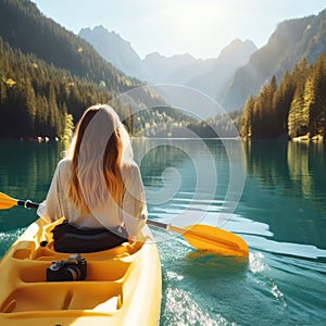 woman kayaking or canoeing on a flat water lake