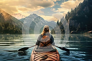 Woman kayaking on lake with mountains in the background at sunset, A female hiker walking in the mountains, no visible faces,