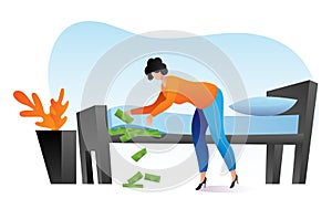 Woman keep money under bed mattress, female character poor financial literacy, cash saving cartoon vector illustration