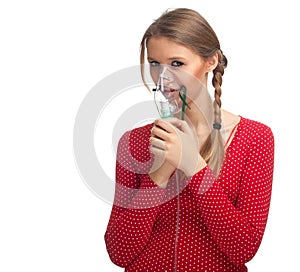 Woman keeping inhale mask