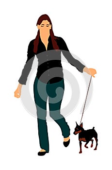 Woman keeps miniature Pincher dog on the leash. Relax time after work with pet.