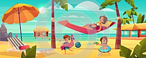 Woman with kids resting on beach vector